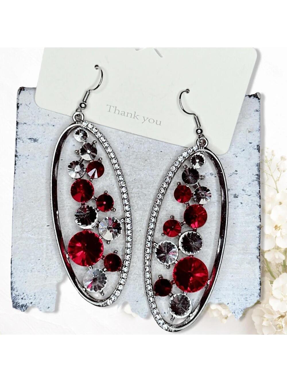 5658gc. Red Bling Earrings Silvertone - Picture 4 of 5